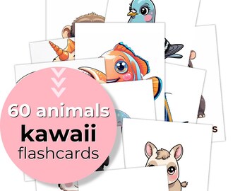Kawaii Animal Flashcards Montessori Educatief Thuisonderwijs Kleuterschool BUNDEL | Boerderij, dierentuin, zee (afdrukbaar)