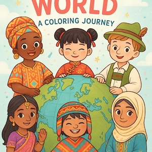 Puede incluir: Portada de libro para colorear infantil, "Kids of the World: A Coloring Journey". La imagen muestra a seis niños diversos alrededor de un globo terráqueo, cada uno vestido con ropa tradicional. El libro promete explorar culturas y celebraciones.