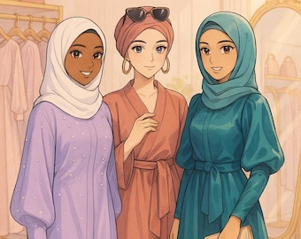 Modest Fashion Kleurboek | Anime-stijlen hijabi en kaftan (afdrukbare pdf)