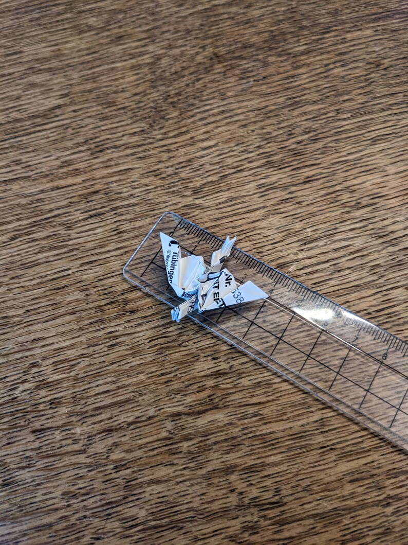 Może przedstawiać: Biały żuraw origami wykonany z kawałka papieru z tekstem "Luhnsdorf" i "Unternehmer" na nim. Żuraw siedzi na przezroczystej plastikowej linijce z czarnymi oznaczeniami.