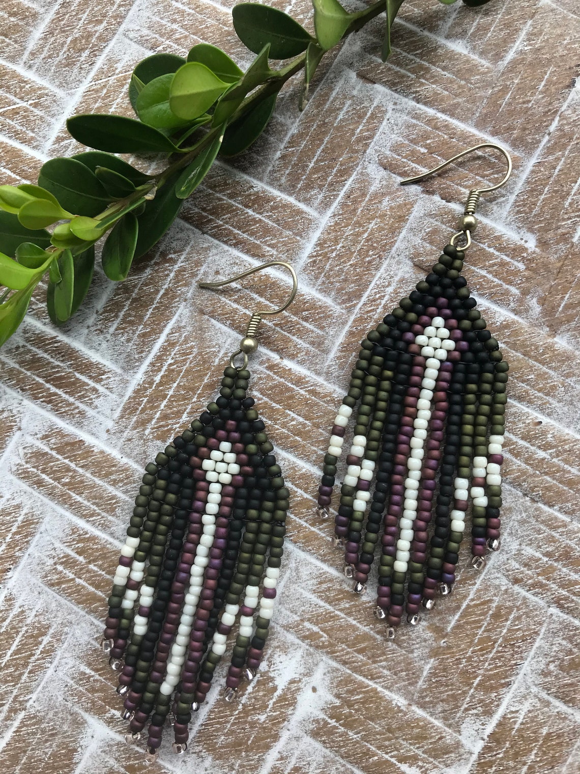 Seed Bead Fringe Earrings, Boho Style With Neutral Colors Matte Forest