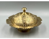 Vintage Etched Brass Incense Burner Bowl Censer with Dome Lid - 5.25 quot x 3.5 quot