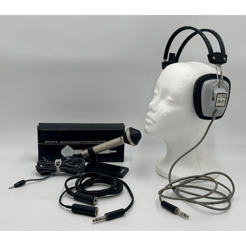 Puede incluir: Un micr&oacute;fono de condensador electret Sony ECM-16B en una caja negra, una cabeza de maniqu&iacute; blanca con auriculares est&eacute;reo grises y negros etiquetados como SN-01, y varios cables de audio negros con conectores met&aacute;licos para equipos de sonido.