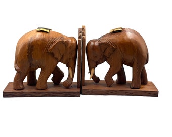 Vintage Thailand Wood Carved Elephant with Tusks Book Ends - VERY NICE