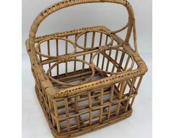 Vintage Woven Wicker Wine Bottle Basket - 4 Bottle Carrier - 11" Tall x 9" x 9"