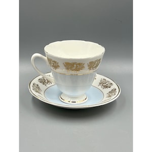 Crownford Teacup and Saucer Light Blue and Gold Trim Roses-Fine Bone China-England