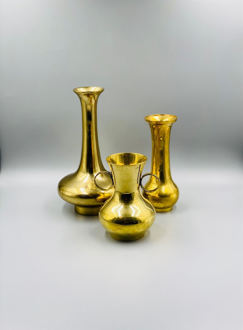 3 Pc Vintage Decorative Brass Vases or Candlestick HolderEclectic Boho or Farmhouse Decor Housewarming or Wedding Gift Idea