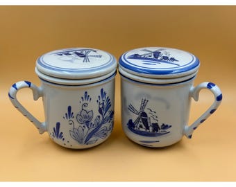 Vintage 6-tlg. Amsel Hamburg Delft Style Blau & Weiß Windmühle Teetassen m-Siegel