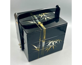 NEW 1960&#39;s Vintage Japanese Lacquerware 3-Tier Black Jubako Bento Lunch Box Black Gold Pine
