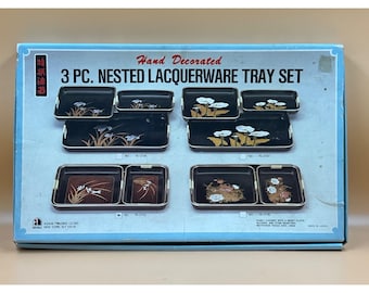 NEW Vintage Japanese Decorative Lacquer Nesting Trays - Set of 3 - Floral Design