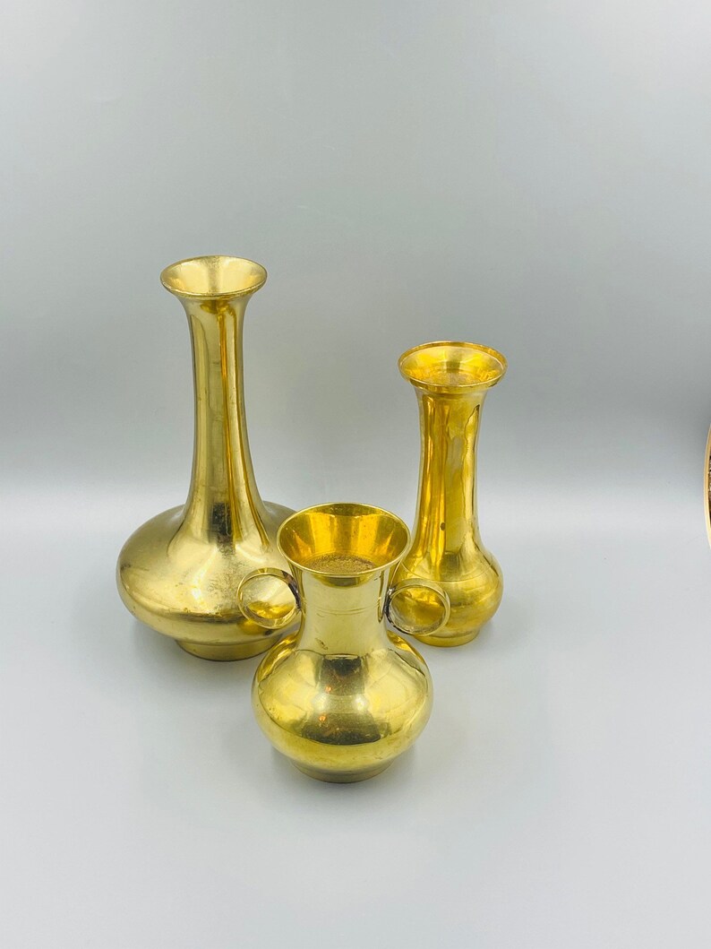 3 Pc Vintage Decorative Brass Vases or Candlestick HolderEclectic Boho or Farmhouse Decor Housewarming or Wedding Gift Idea