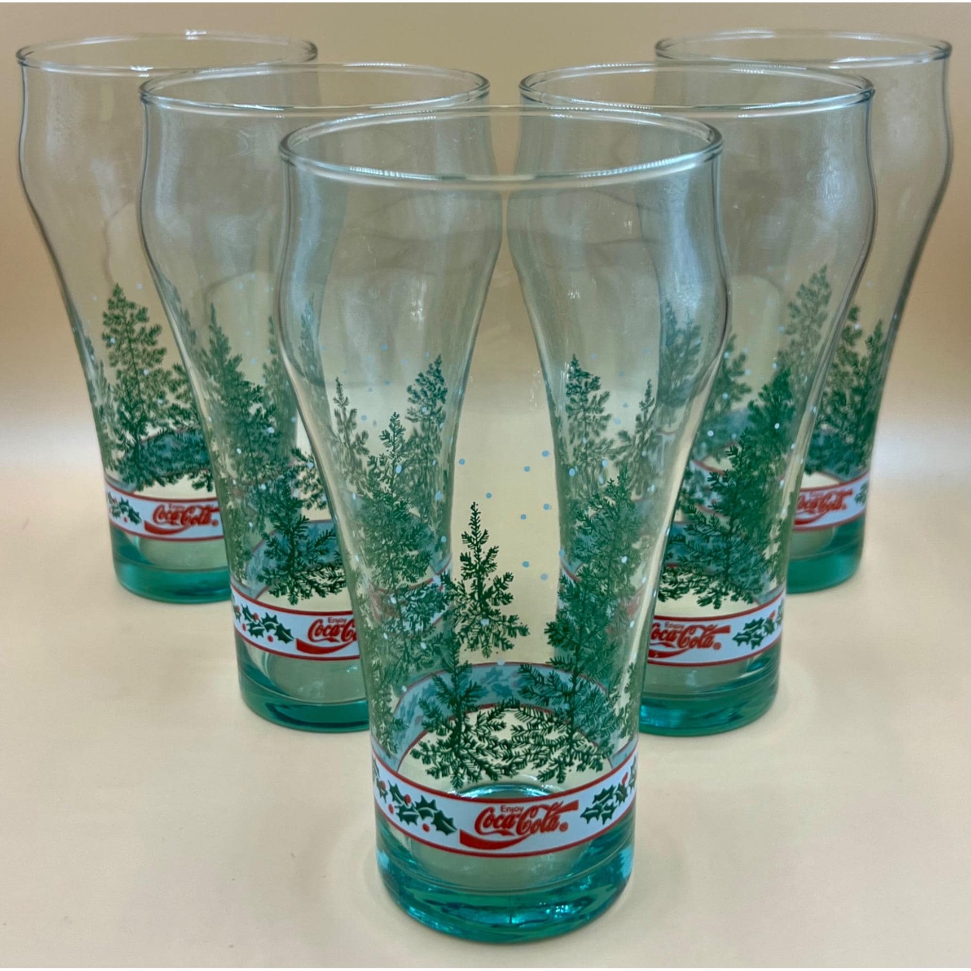 Vintage Coca Cola Christmas Tree Glasses W-holly Trim - Set of 5