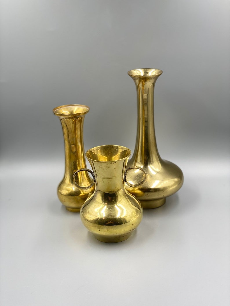 3 Pc Vintage Decorative Brass Vases or Candlestick HolderEclectic Boho or Farmhouse Decor Housewarming or Wedding Gift Idea