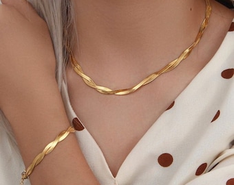 18K Stainless Steel Fashion Gold Plated Fine Jewelry Necklace - Elegant Twisted Double Layer Chain Necklace