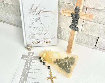 Boy's First Communion Gift - 5 Piece Boxed Set - Prayer Book, Rosary, Pin, Wooden Cross, Child of God Gift Card - High Quality Present