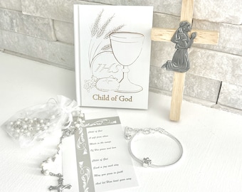 Girls First Communion Gift- 5 Piece Gift Set- Prayer Book, Rosary, Angel Bracelet, Cross, and Gift Card- NEW for 2024- Optional Satin Purse