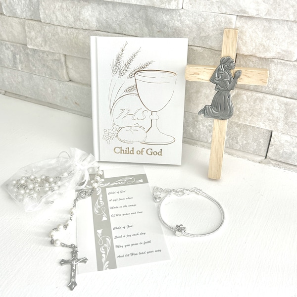 Girls First Communion Gift- 5 Piece Gift Set- Prayer Book, Rosary, Angel Bracelet, Cross, and Gift Card- NEW for 2024- Optional Satin Purse
