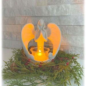 Christmas Angel Candleholder Statue with LED Tealight and Festive Holiday Mini Wreath, Inspirational Decorations or Gifts for Holidays