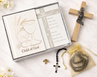 Boy's First Communion Gift Set: Prayer Book, Rosary, Wooden Cross, and Lapel Pin