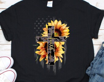 Faith Hope Love Sunflower Cross American Flag Religious T-Shirt