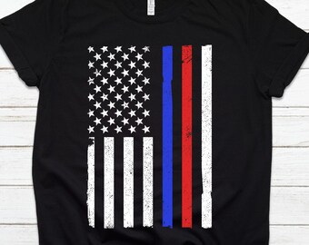 Thin Blue Red Line American Flag Police Firefighters Fire First Responders Law Enforcement USA T-Shirt