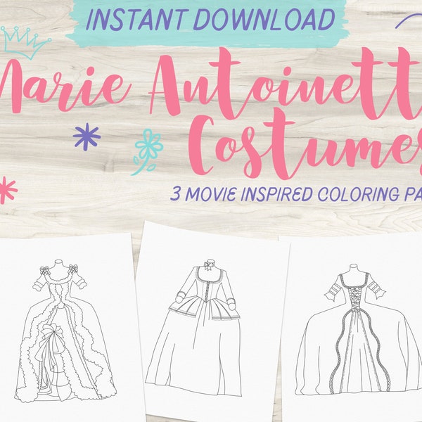 Marie Antoinette Costume Inspired Coloring Pages | Movie Coloring Page | Adult Coloring Page | Instant Download PDF | Dresses Bundle