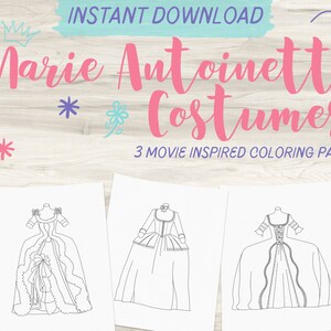 May include: Three black and white coloring pages featuring Marie Antoinette costumes. The costumes are inspired by the movie.  Instant Download. 3 Movie Inspired Coloring Pages.