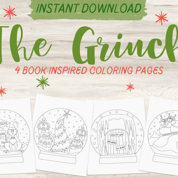 The Grinch Inspired Coloring Pages | Book Coloring Pages | Christmas | Movie Coloring Pages | Instant Download PDF | Whoville | Sleigh