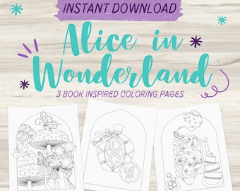 Alice In Wonderland Inspired Coloring Pages | Book Coloring Pages | Halloween | Adult Coloring Page | Instant Download PDF