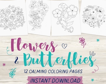 Flower and Butterfly Coloring Pages | Floral Coloring Page | Botanical Pattern | Adult Coloring Page | Instant Download PDF | Bird