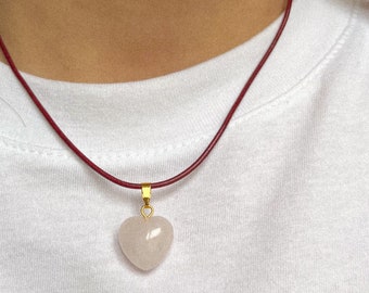 Collier ras de cou en cuir avec pendentif coeur en quartz rose, tour de cou en or, cadeau de bijoux en pierre cordon noir y2k