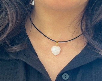 Leather choker necklace with quartz heart pendant gold choker, Black cord y2k choker stone jewelry gift