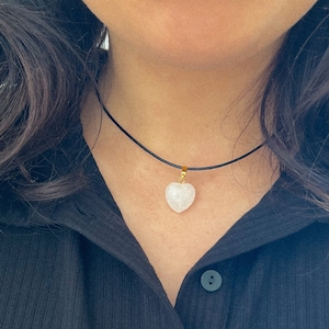 Leather choker necklace with quartz heart pendant gold choker, Black cord y2k choker stone jewelry gift