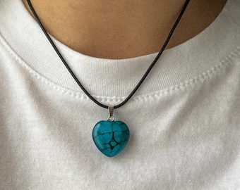 Leather choker necklace with blue agate heart pendant choker, Black cord y2k choker stone jewelry gift