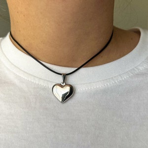 Black cord necklace y2k jewelry, Heart leather choker necklace with steel pendant