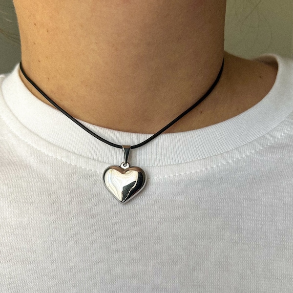 Collier cordon noir, bijoux de l'an 2000, collier ras du cou en cuir coeur avec pendentif en acier