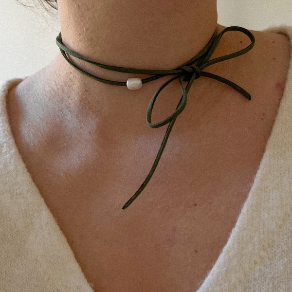 Faux suede cord bow tie choker necklace with freshwater pearls, Black y2k jewelry