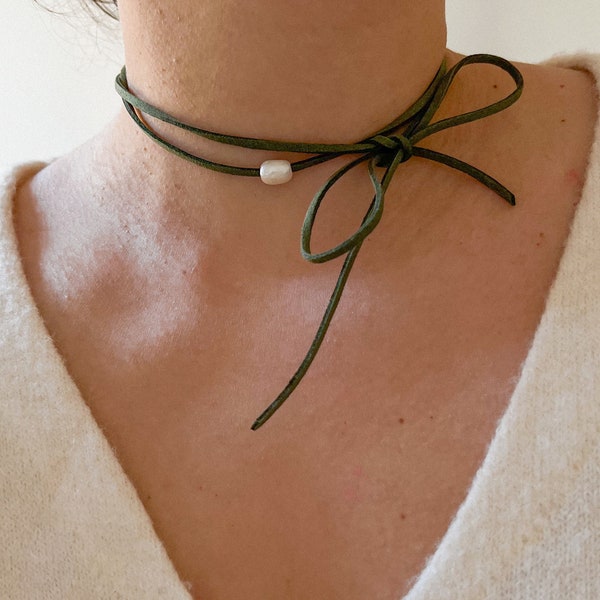 Faux suede cord bow tie choker necklace with freshwater pearls, Black y2k jewelry