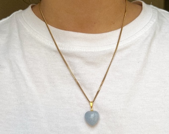 Gold aquamarine heart chain choker necklace, y2k choker stone  jewelry gift