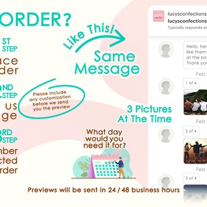 May include: A pink and green graphic with instructions on how to order custom birthday photos. The graphic includes a calendar, a message bubble, and a sample message from a customer. The text reads "How to Order?" and "Like This/Same Message".