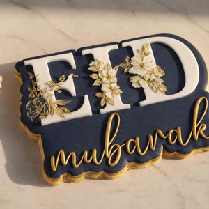 Op de afbeelding: Een rechthoekig koekje met geschulpte randen en een donkerblauwe basis. De witte blokletters EID zijn versierd met gouden bloemillustraties. Daaronder staat het woord mubarak in gouden cursieve letters geschreven.