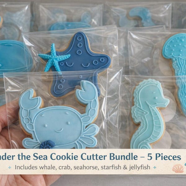 Under the Sea Cookie Cutter Bundle – 5 Pieces | Ocean Theme Cookie Cutters | Embossed Fondant Stamp Set