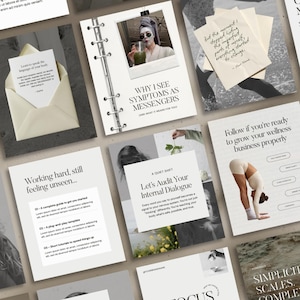 Könnte beinhalten: Eine Sammlung weißer und grauer Informationskarten mit Text und Bildern. Die Karten behandeln Themen wie Wellness, Motivation und Selbstfürsorge. Einige Karten enthalten Text wie "Warum ich Symptome als Boten sehe" und "Hart arbeiten, immer noch unsichtbar..."