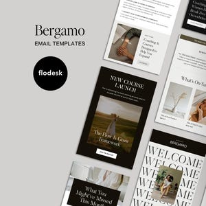 Puede incluir: Una colección de plantillas de correo electrónico con los logotipos "Bergamo" y "flodesk". Las plantillas presentan varios diseños con texto e imágenes, incluyendo un anuncio de "Nuevo lanzamiento de curso" y una sección de "¿Qué está en oferta?"