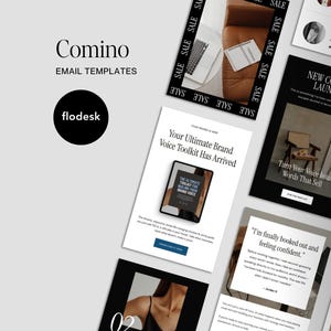 Puede incluir: Una variedad de plantillas de correo electrónico con los logotipos "Comino" y "flodesk". Las plantillas presentan texto e imágenes, incluyendo "Your Ultimate Brand Voice Toolkit Has Arrived" y "New Course Launch". La palabra "SALE" se repite.
