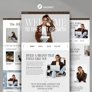 May include: Website design mockups featuring a woman in a brown blazer with a laptop. The website displays the text "WELCOME TO THE SOFT GROWTH" and "BUILD A BRAND THAT FEELS LIKE YOU". The Showit logo is at the top.