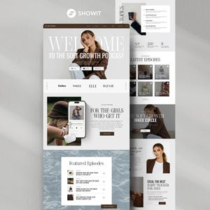 Könnte beinhalten: Webdesign mit Podcast-Thema. Das Design enthält den Text "WELCOME TO THE SOFT GROWTH PODCAST" und "FOR THE GIRLS WHO GET IT". Das Design enthält Bilder und eine Farbpalette aus Weiß, Braun und Beige.
