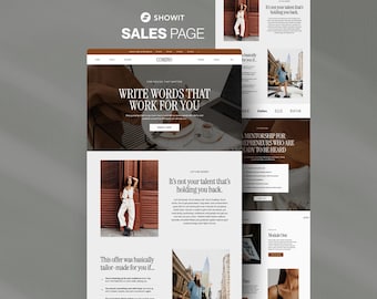 Op de afbeelding: Een website sales page design met het Showit logo bovenaan. De pagina bevat tekst, afbeeldingen en een lay-out met een moderne esthetiek. De tekst bevat zinnen als "Schrijf woorden die voor je werken" en "Het is niet je talent dat je tegenhoudt."