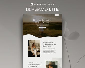 Op de afbeelding: Een website template genaamd "BERGAMO LITE" met een strak, minimalistisch ontwerp. De pagina bevat de tekst "Discover the Flow of Effortless Growth" en "Helping Modern Women Design Their Dream Lives". Het algemene thema is gericht op persoonlijke groei en empowerment.