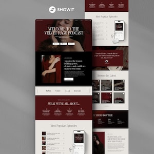 May include: A website design for "The Velvet Rage Podcast" with a dark red and cream color scheme. The design includes sections for podcast episodes, a podcast description, and a list of featured publications.